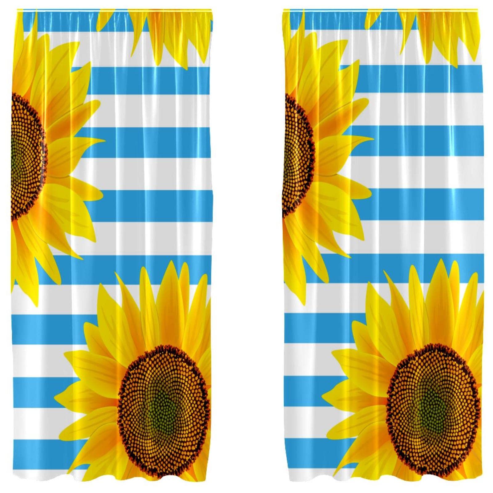 Cortinas opacas de diseño textil exclusivo con patrón de girasoles amarillos y rayas elegantes
