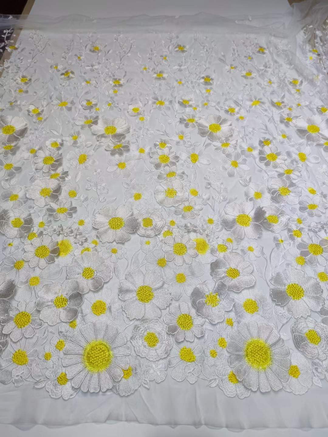51" Width Heavy Embroidery 3D Flower Applique Tulle Nigerian Lace Fabrics for Bridal Party Wedding Dress Costume Accessories (1Yard,White Yellow)