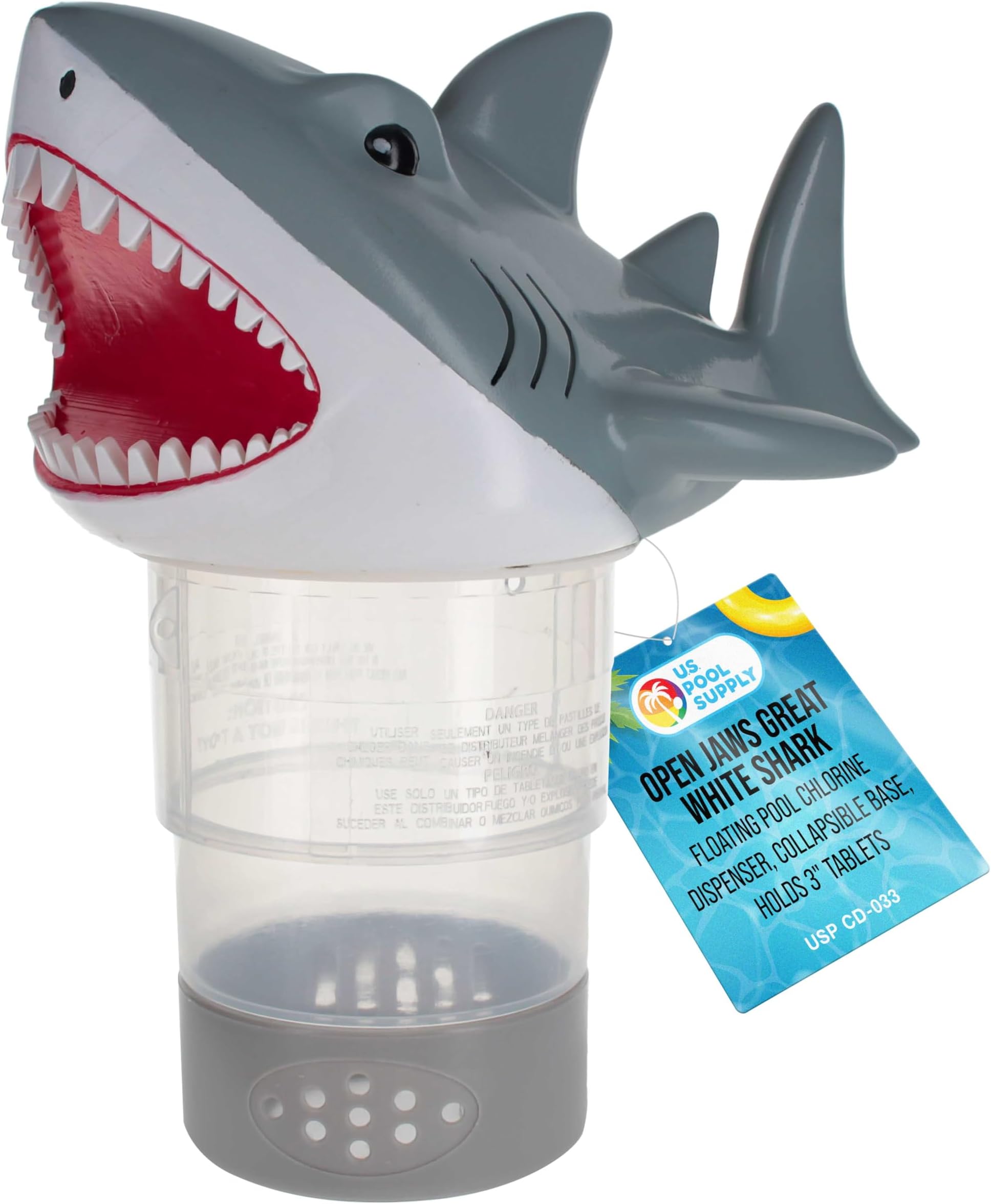 U.S. Pool SupplyOpen Jaws Shark Floating Pool Chlorine Dispenser, Collapsible Base, Holds 3" Tablets - 11" Fun, Scary Teeth Great White Animal Float Floater Decoration, Adjustable Balanced Delivery