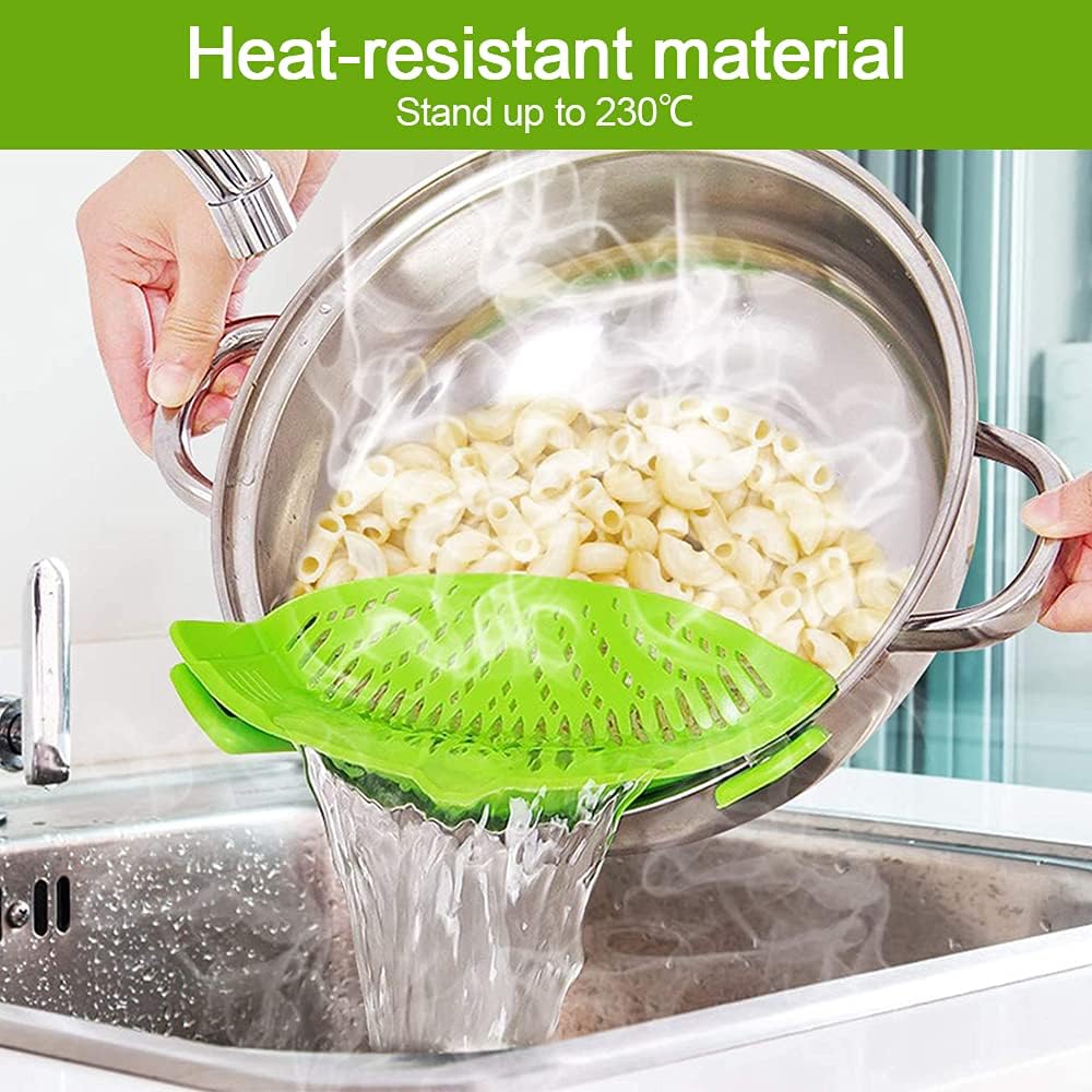 Coolnice 2 Pack Clip On Strainer for Pots Pan Pasta Strainer Silicone Food Strainer Hands-Free Pan Strainer for Spaghetti Pasta Ground Beef Grease for Most of Bowls and Pots-Green