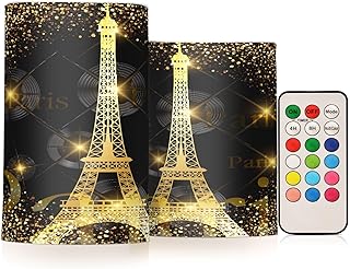ALAZA Paris Eiffel Tower France Art Flickering Flameless Candles Pillar Led Candles Battery Operated Candles with Remote and Timers Set of 2