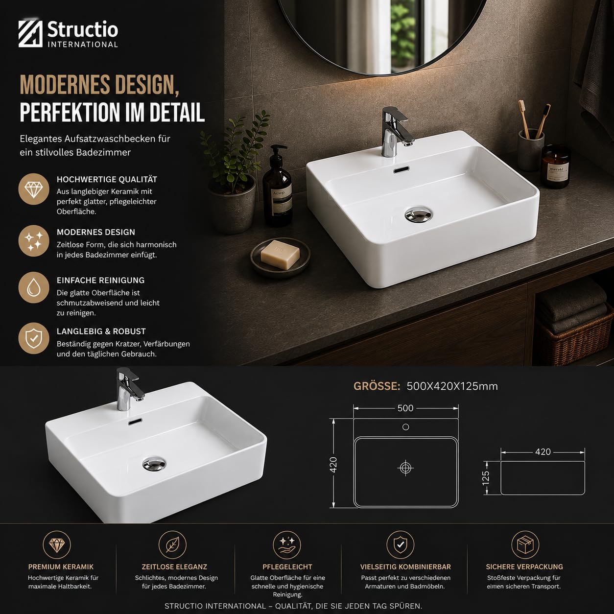 Lavabo carré en céramique de qualité supérieure moderne et élégant grâce au bord fin 50 x 42 cm - Lavabo suspendu au mur