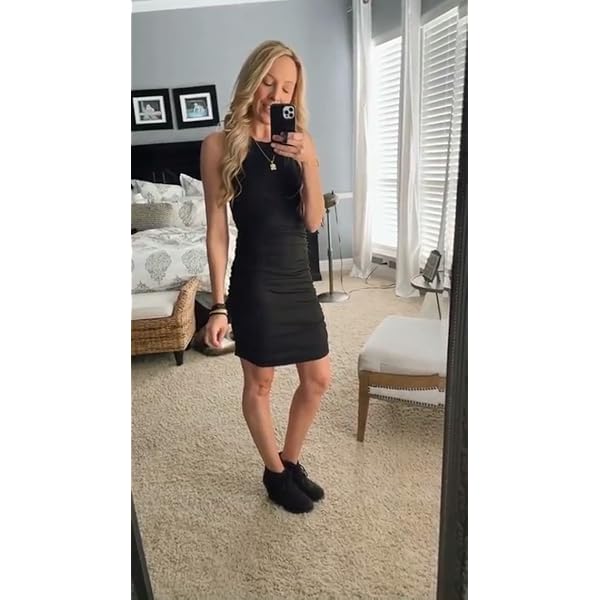 Wenrine Womens Crew Neck Sleeveless Bodycon Dress Ribbed Slim Fit Ruched Stretchy Party Club Short Mini Dress Black
