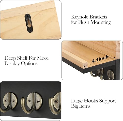 Miniatura 4 de Gurfuy Soporte para llaves de pared con estante, organizador cuadrado de madera y estante con ganchos para estante montado en la pared para