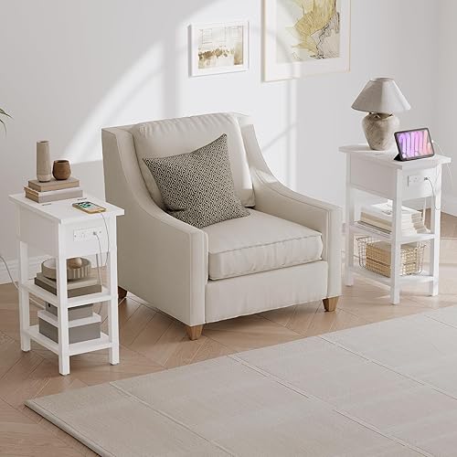 Miniatura 7 de HOOBRO Mesa auxiliar con estación de carga, mesa auxiliar abatible con puertos USB, mesita de noche estrecha con estantes de almacenamiento, para