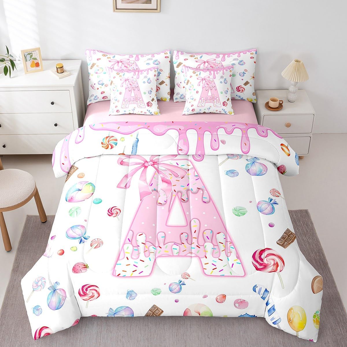 Feelyou Boys Girls Pink Bowknot 7 Pieces Bedding Set Full Size, Personalized Initial A Bed in A Bag Kids Summer Ice Cream Comforter Set with Sheets Rainbow Dessert Teens Bed Set Bedroom Decor 7Pcs