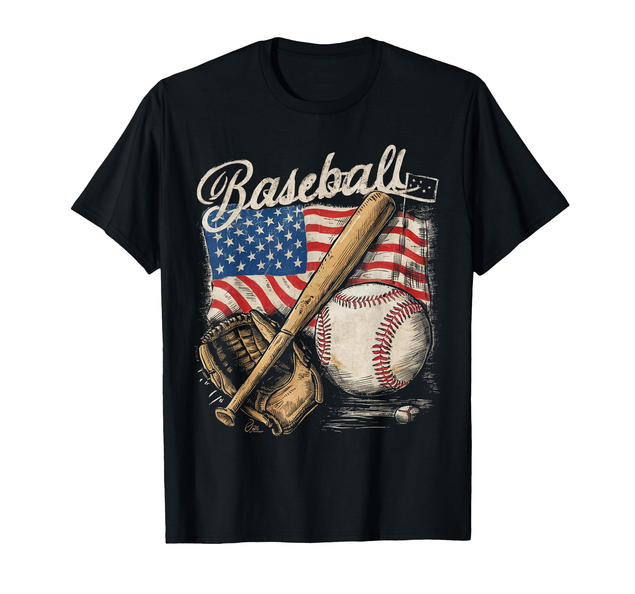 American Flag Baseball Player Bat Fan Catcher Pitcher USA T-Shirt