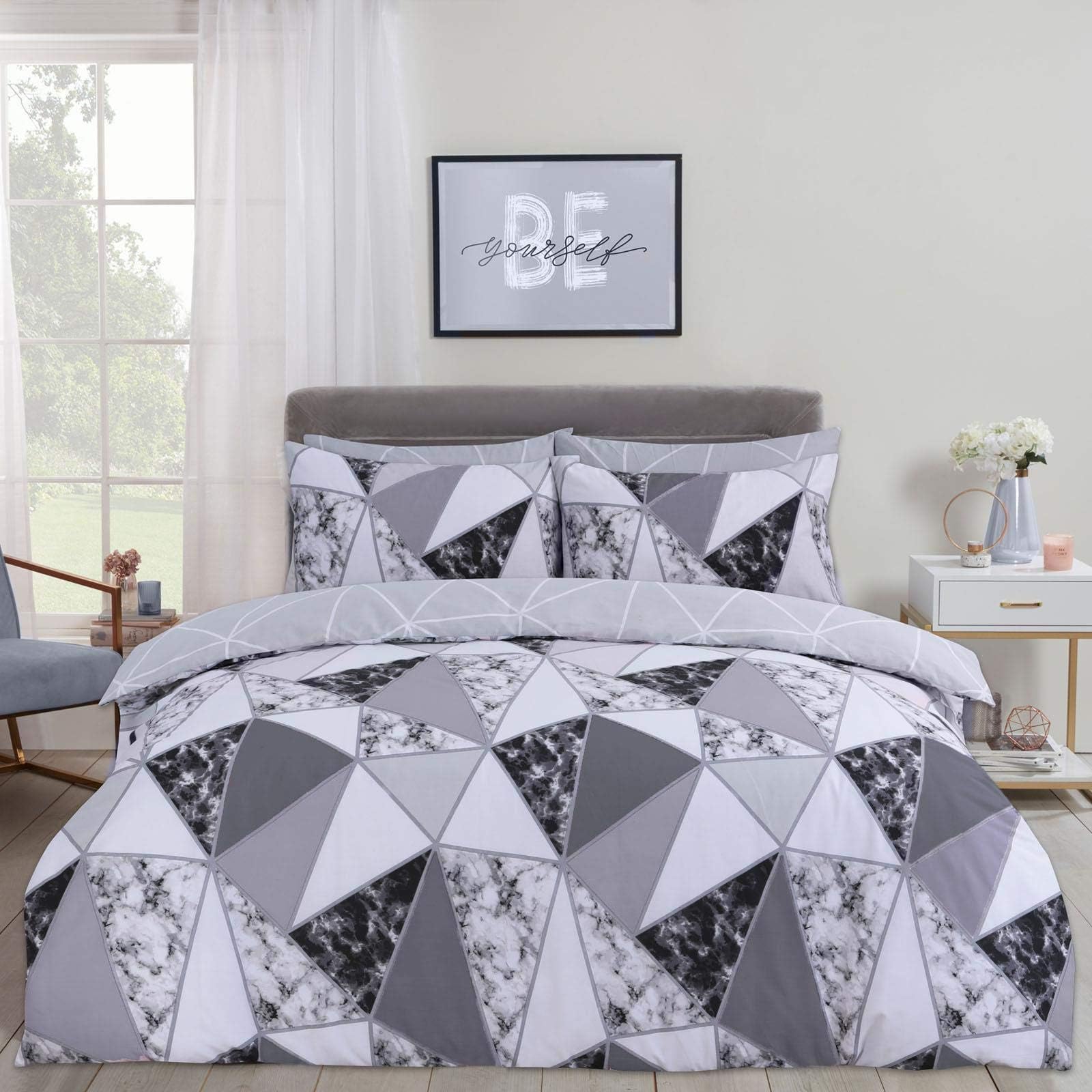 DreamsceneMarble Geometric Duvet Cover with Pillow Case Bedding Set Reversible Shapes, Charcoal Grey - KingOEKO-TEX STANDARD 100