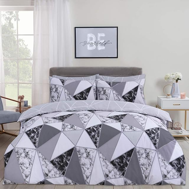Dreamscene Marble Geometric Duvet Cover with Pillow Case Bedding Set Reversible Shapes, Charcoal Grey - King, DDHSMARCL03