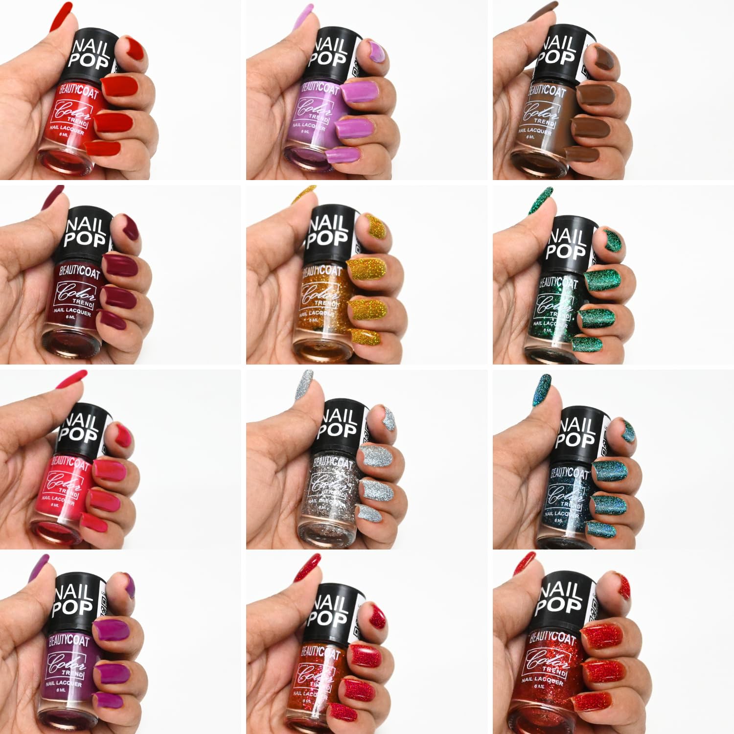 BEAUTYCOAT Nail Pop Colour Trend Nail Lacquer Collection with 12 Vibrant Matte and Glitter Shades, Long Lasting High Shine Nail Polish Set, Quick Dry Formula, Smooth Finish, 6ml Each for Everyday Nail Art and Professional Manicure 4