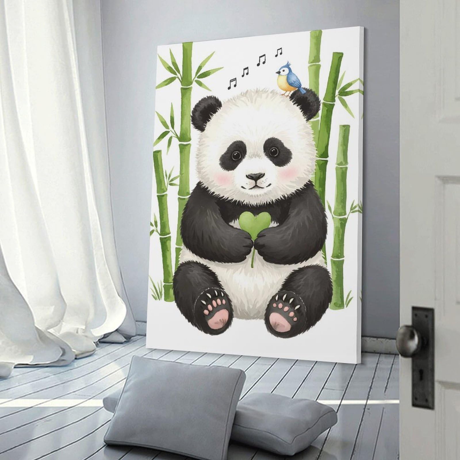 Junmoney Cute Panda And Bird Wall Art Print 24x36inch(60x90cm), for Living Room, Bedroom Or Home Office, Thoughtful Wall Decor for Art Lovers