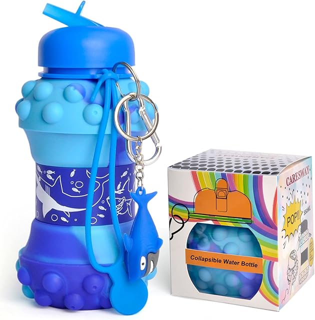CARESWAY Kids Water Bottle with Keyring  500ml Girls & Boys Shark Kids Drinks Bottle - Foldable Collapsible BPA Free Childrens Water Bottle - Kids Water Bottles for School