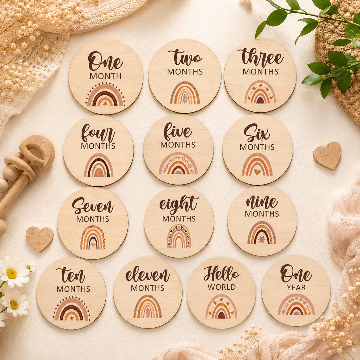 SVM CRAFT Baby Monthly Milestone Cards 13 Pcs Wooden Baby Milestone Cards Boho Rainbow Front Sided Printed Milestone Discs Wood Gift Photo Prop Discs Sets Birth Announcement Sign Newborn Photo Props-picture-13