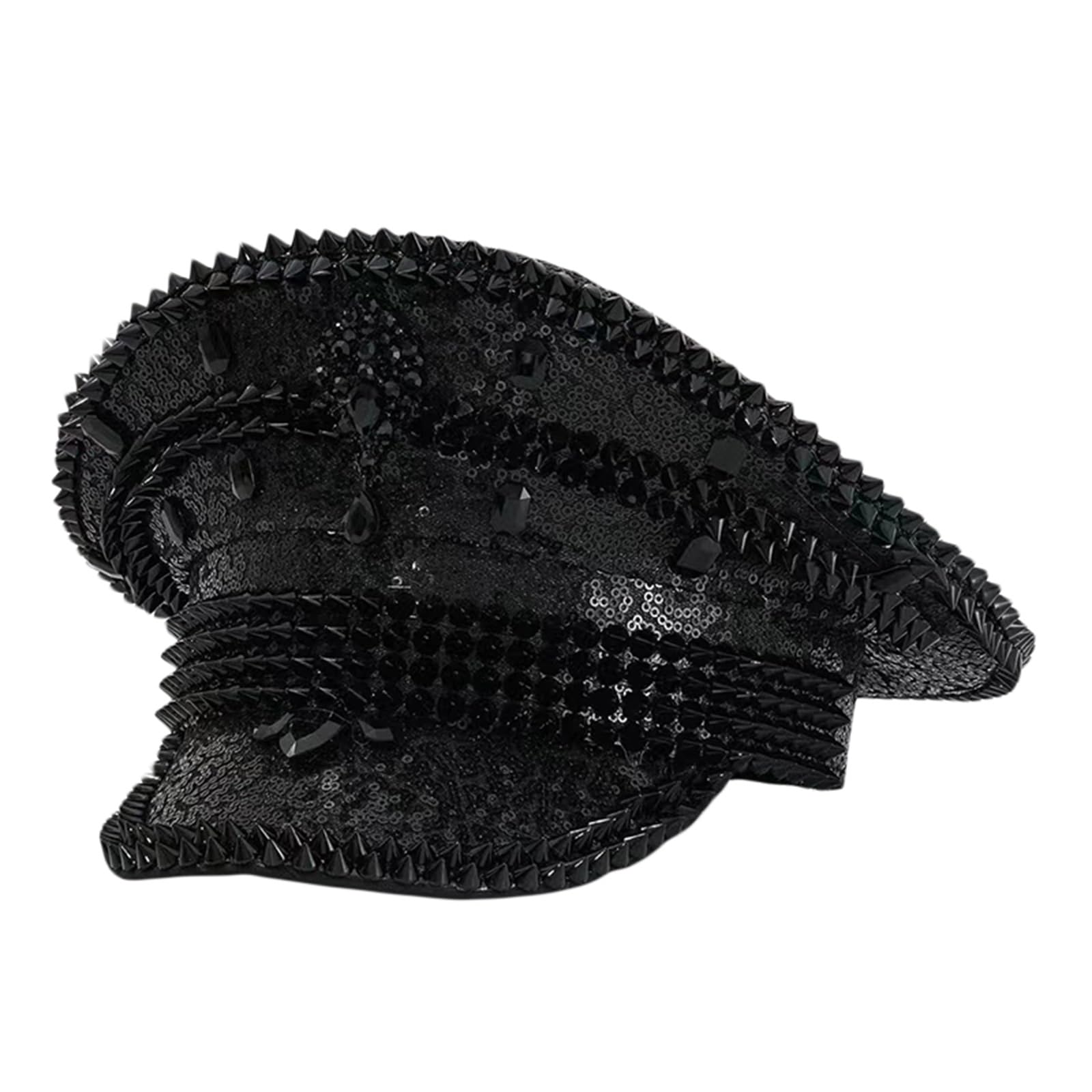 SANSIWU Rhinestone Sequin Captain Hat Sparkly Spiked Steampunk Military Hat Glitter Rave Party Costume Headwear for Women Bachelorette Cap (A-Black, ONE Size)