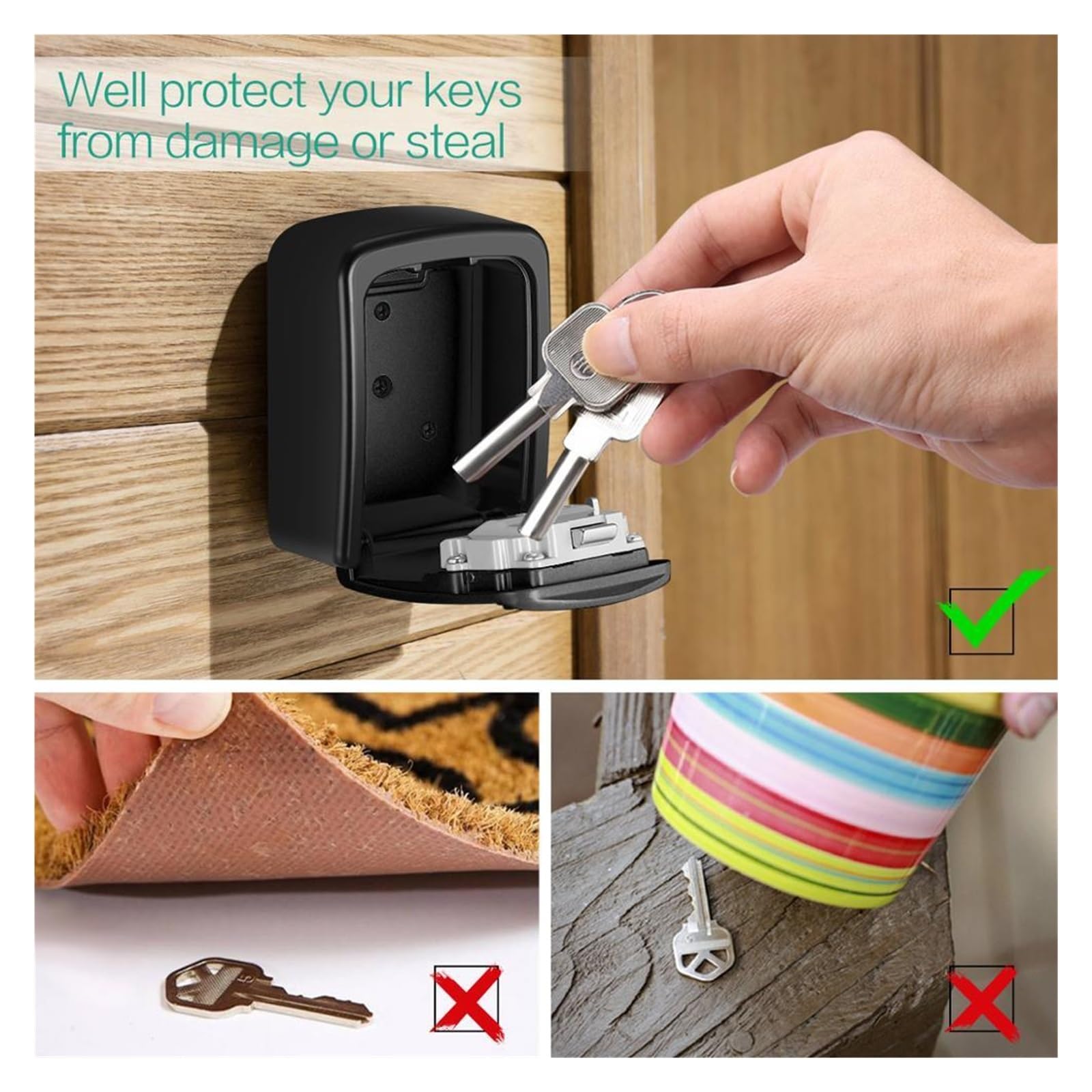 Caja fuerte impermeable para montar en la pared con llave y cerradura secreta para exteriores. Cuenta con código Detive y protección de contraseña, ideal para seguridad del hogar.