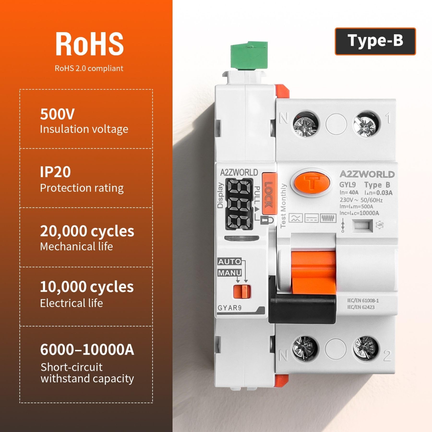 Interruptor diferencial tipo B Rearme automático 40A, RCCB salvavidas Clase B rearmable, 1P+N 10kA 300mA/0,3A, 3 módulos DIN, 3 intentos (10s/60s/300s)