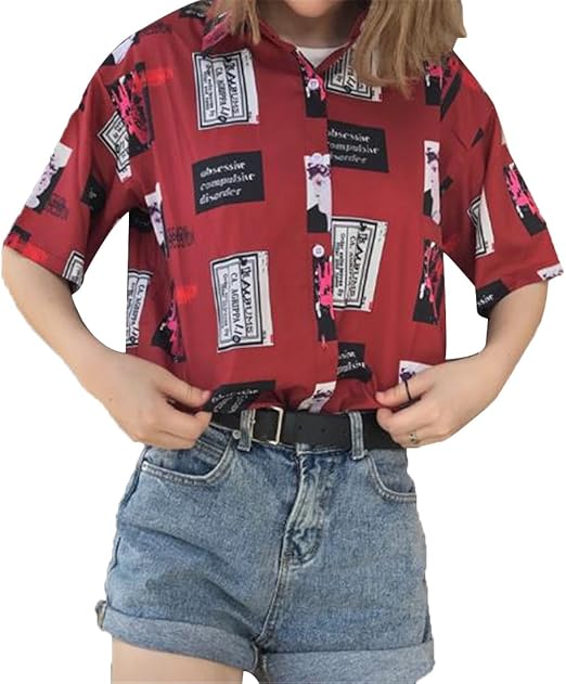 Amazon ジャンーウェ レディース 春夏 半袖 シャツ ゆったり プリント 学生 アロハシャツ おしゃれ レッド シャツ ブラウス 通販