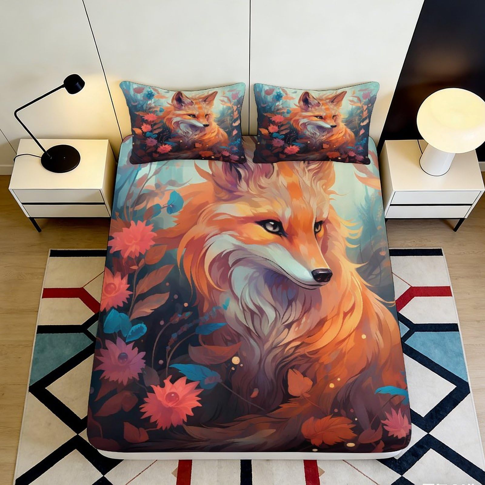 3D Printed Fox Design Fitted Sheet Microfiber Deep Pocket Non-Slip Bedroom Bedding Fox Mattress Fitted Cover Washable 200x200x25cm