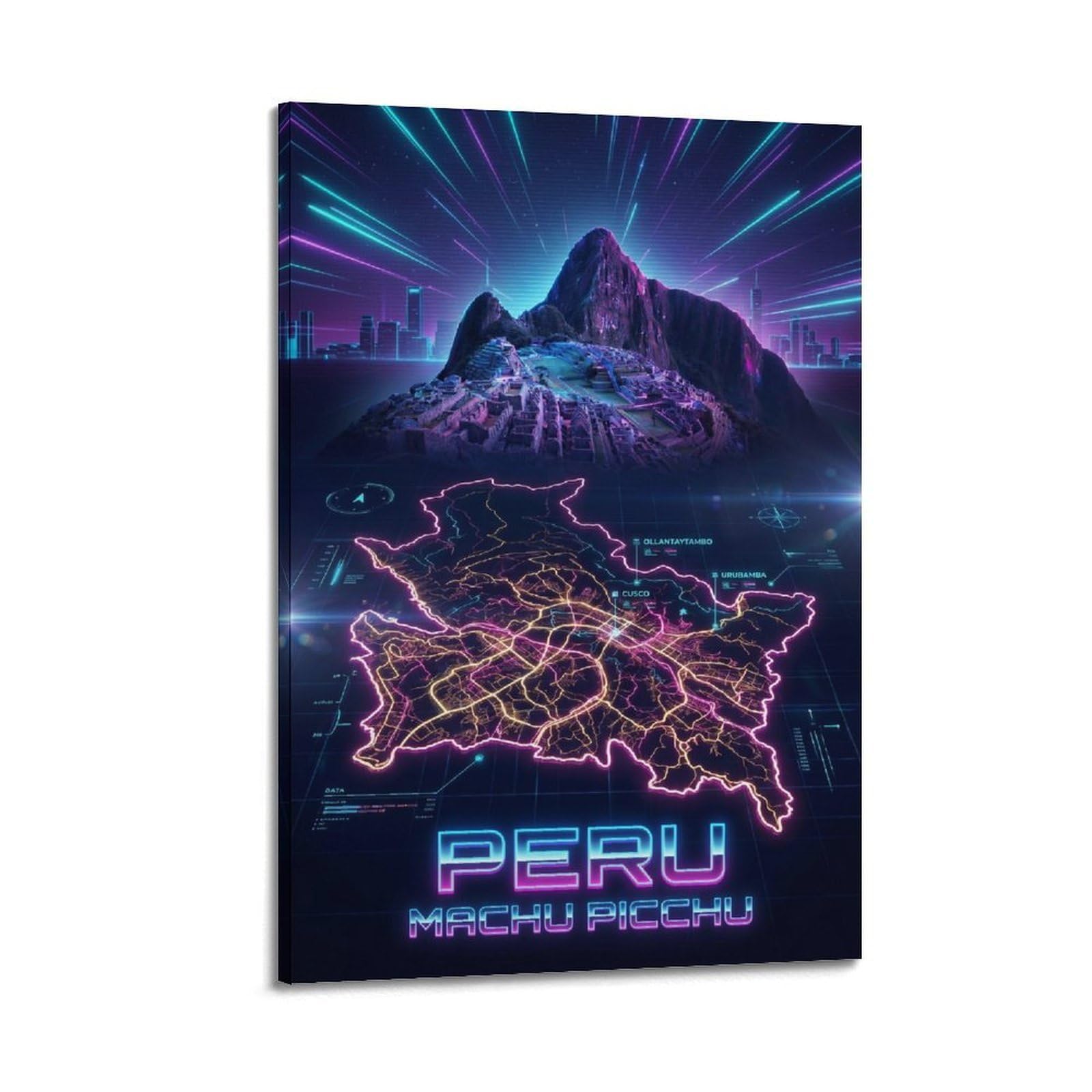 XKUGA Peru Machu Picchu 80s Neon Map Gamer Room Poster Modern Decorative Canvas Prints - Ideal Wall Art for Family, Man Cave, Game Room, Boys & Girls Bedroom 20x30inch(50x75cm)