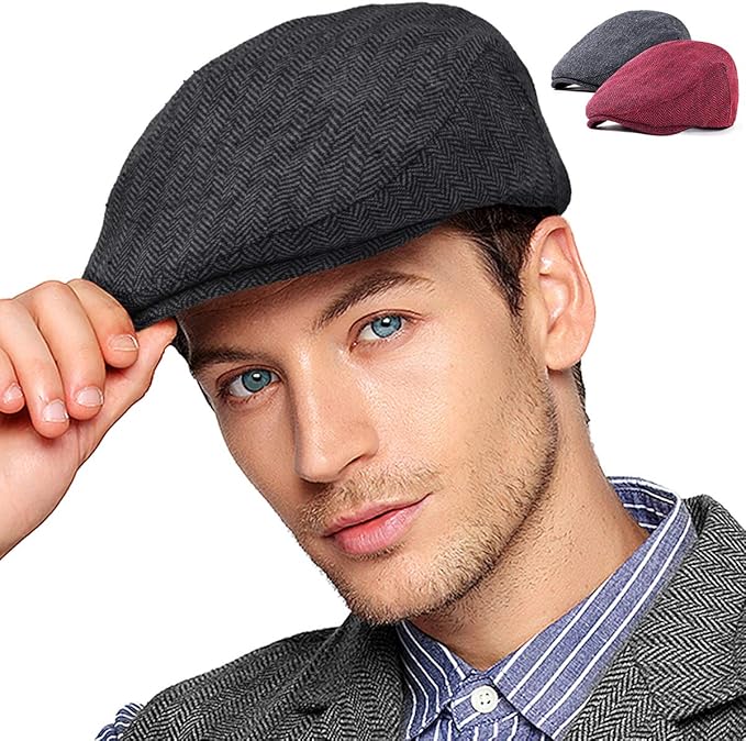 2Pack Adjustable Newsboy Hats for Men Flat Cap Mens Irish Cabbie Gatsby Tweed Ivy