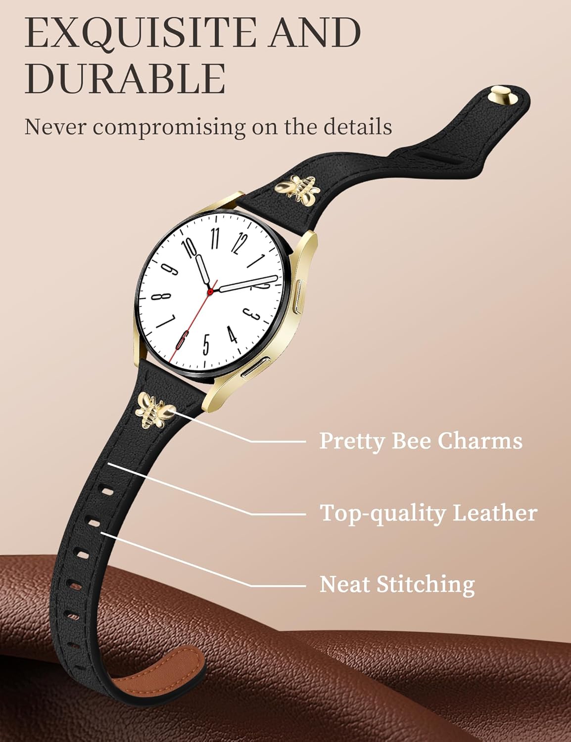 Slim Leather Band with Charms Compatible with Samsung Galaxy Watch 7/6/5/4/FE/Active2 40mm 44mm/6 Classic 43mm 47mm/5 Pro 45mm/4 Classic 46mm 42mm,Top Genuine Dressy Leather Strap 20mm Women - Image 2