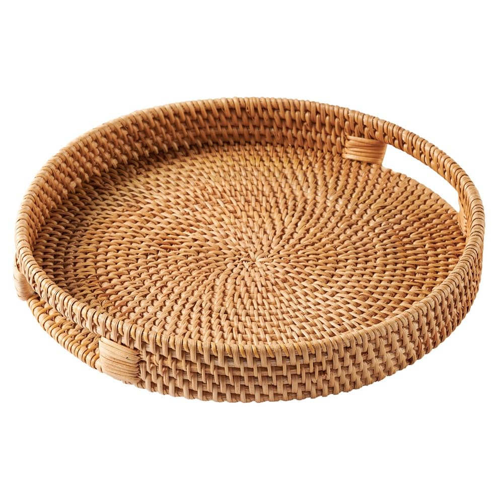 CTRLZS Rattan Serving Tray 30cm, Woven Serving Trays with Handles for Home,Round Dining Table Tray,Wicker Serving Basket