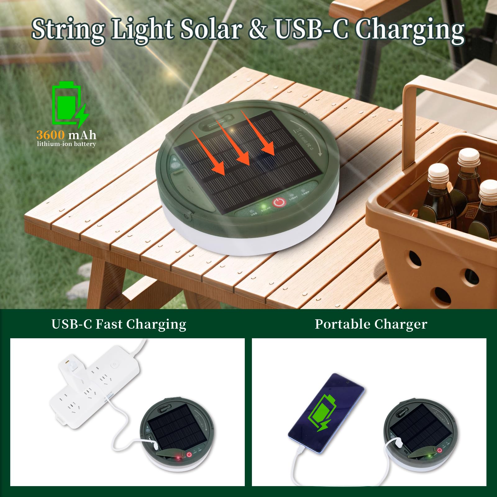 Solar Camping Lichterkette 150 LEDs, 33FT Outdoor Lichterkette mit 14 Beleuchtungsmodi & Timer, Wasserdicht & Wiederaufladbar, Campingausrüstung für Zelt, Hof, Garten, Wandern, Reisedekoration