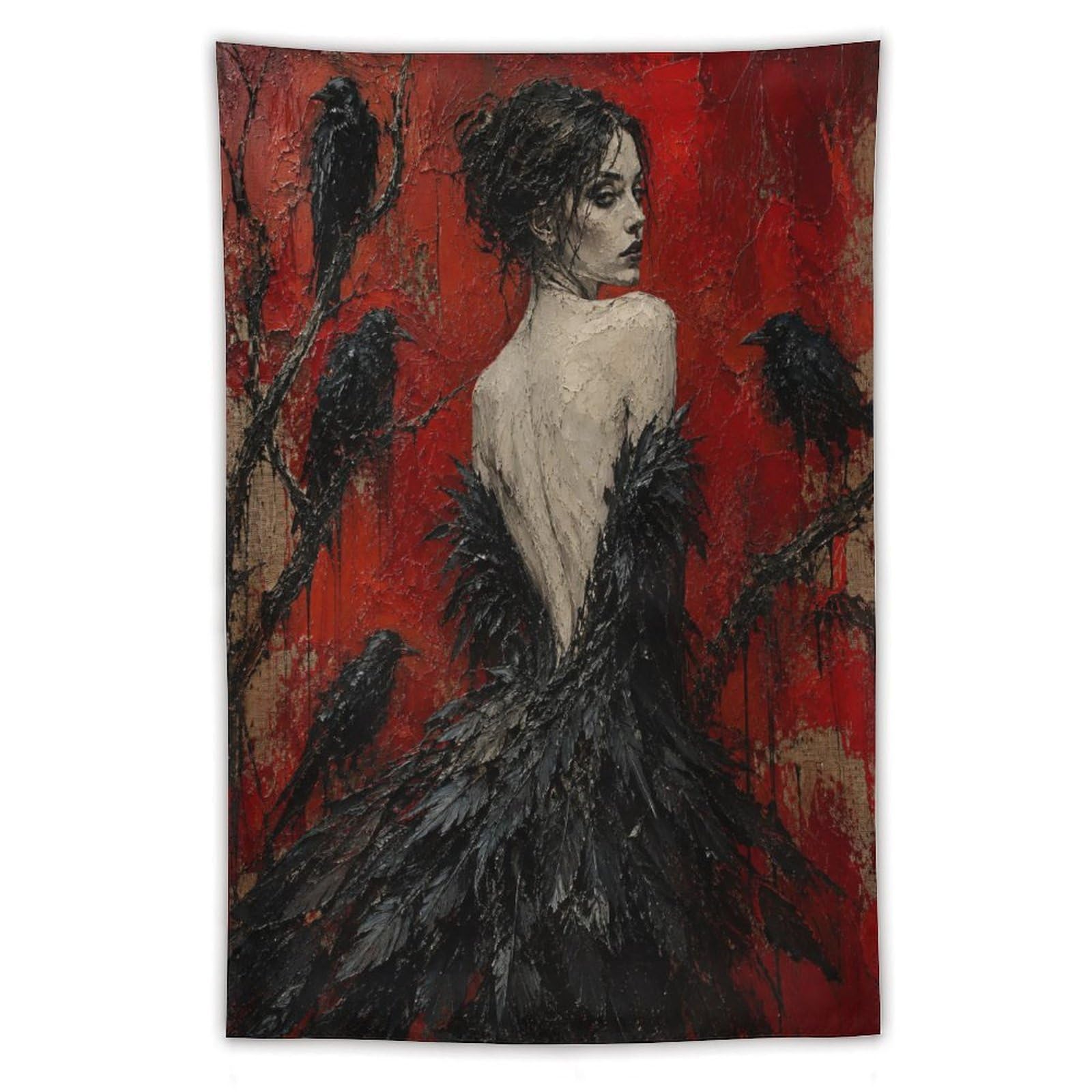 W7C8U2X3 Raven Woman with Black Feather Dress Wall Tapestry, Gothic
