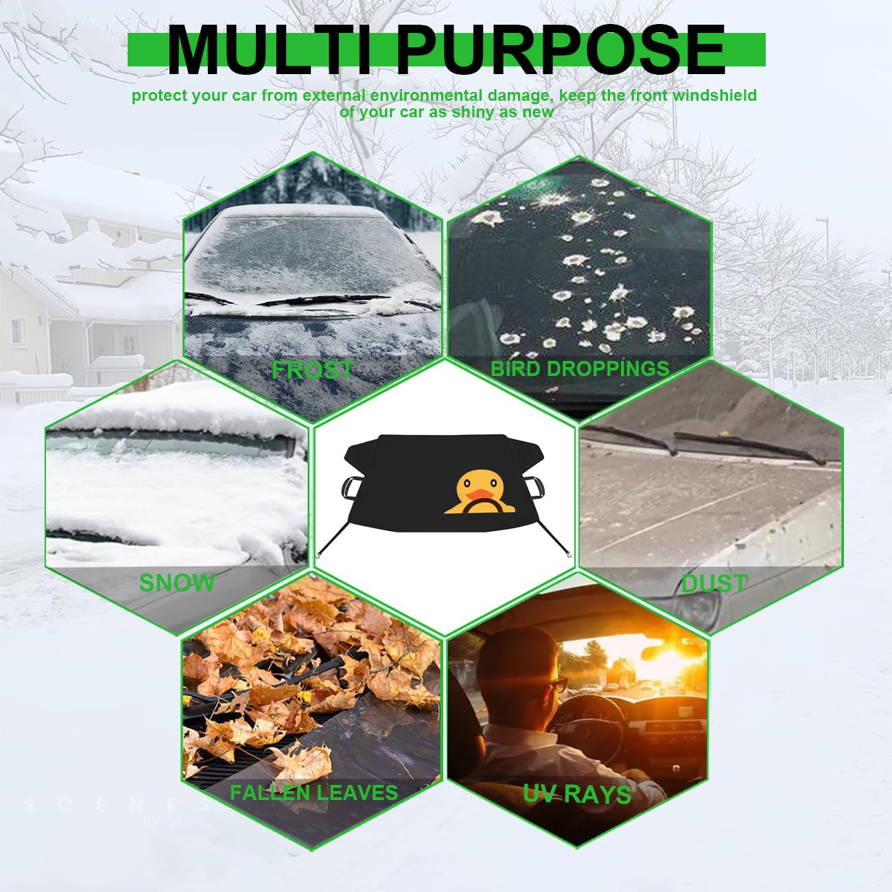 ROMASO Copertura per parabrezza auto per ghiaccio e neve, copertura per parabrezza auto, in tessuto impermeabile 600D, copertura antineve per qualsiasi condizione atmosferica, 175,3 x 109,2 cm, adatta