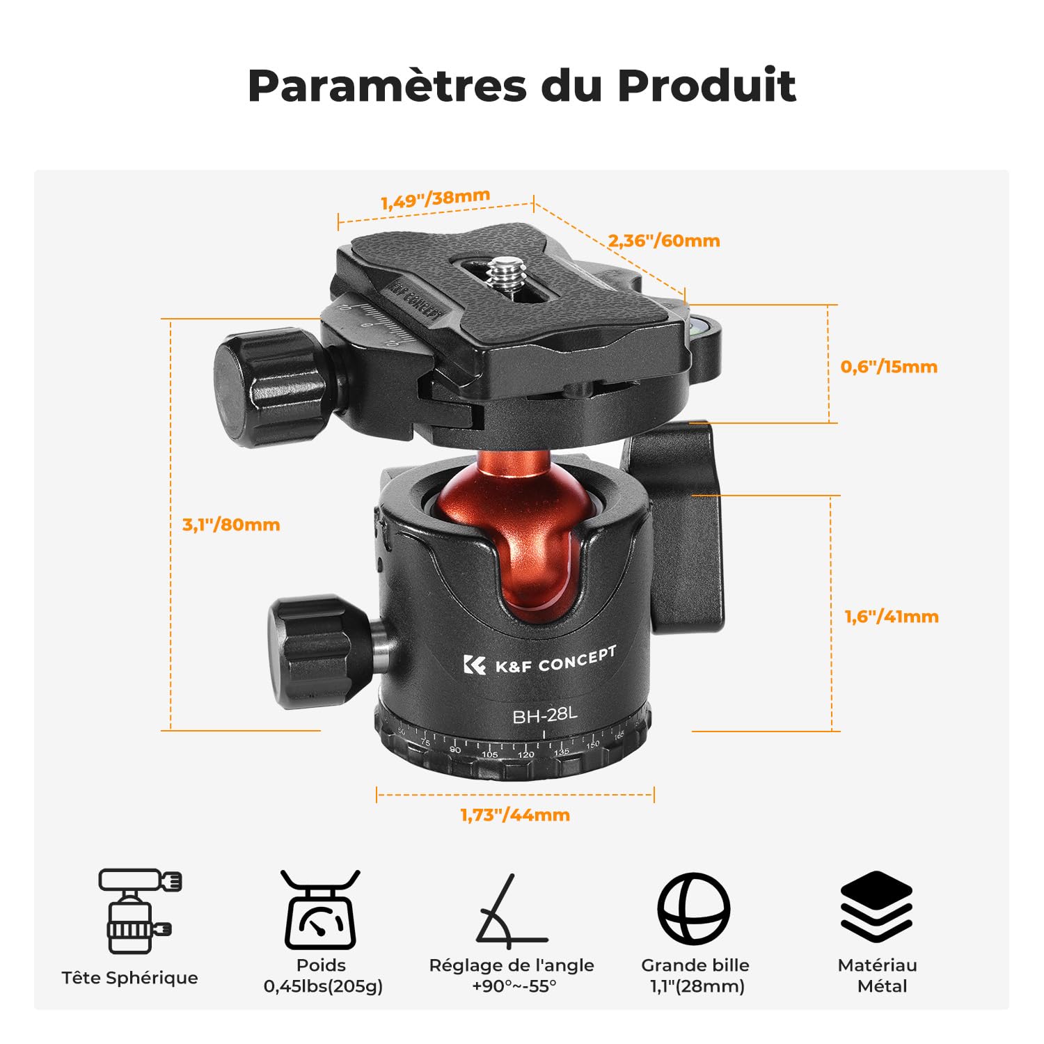 K&F Concept Rotule Ball Tête vis 3/8" en Aluminium Ball Head Adaptateur 360° Rotatif avec Plaque Rapide de Vis 1/4" pour Trépied et Caméra Charge Max 10KG