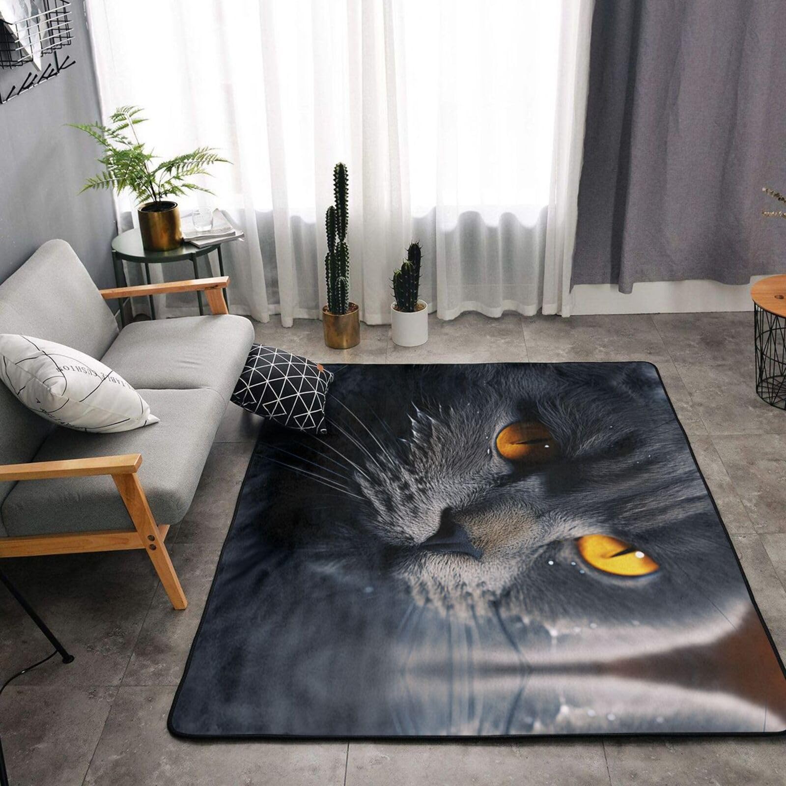 Felpudo antideslizante de franela con diseño de gatos con ojos amarillos, 63 x 48 pulgadas, para puerta delantera y trasera, para interiores y exteriores