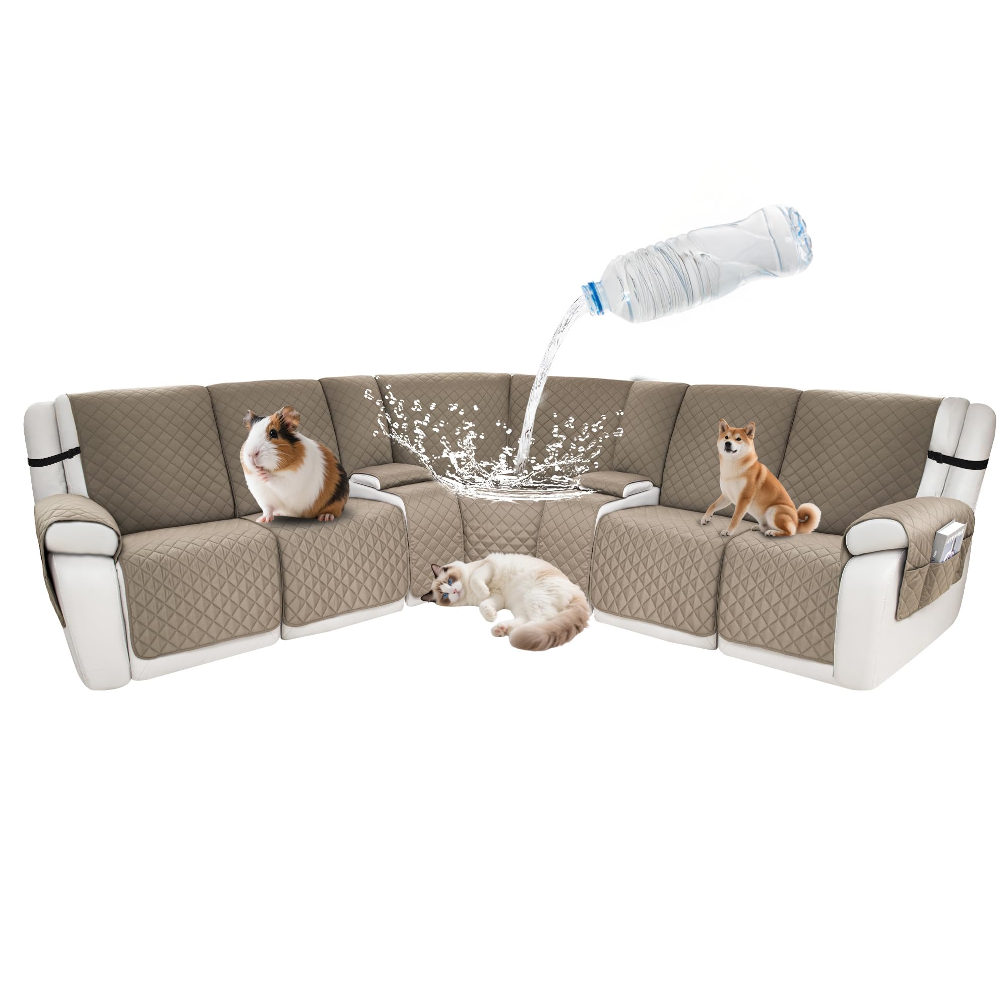 Waterproof Sectional Reclining Couch Covers L Shaped Recliner Sectional Sofa Cover 9 Piece Non Slip Washable Corner Recliner Slipcover Set for Pet Dog (5 Seater 2 Console Cover, Khaki)
