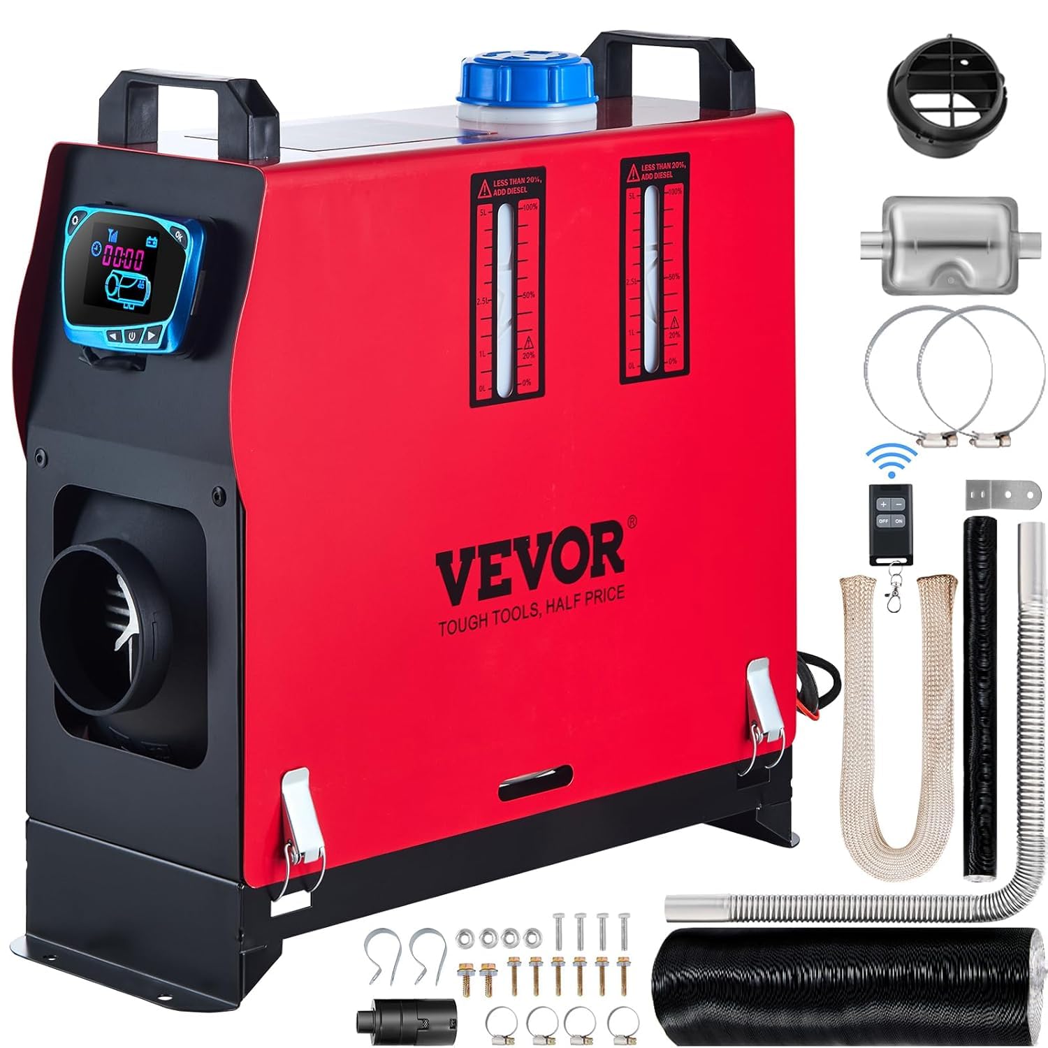 VEVOR Calentador de Aire Diésel CC 12-​24 V 8 kW Consumo 0,​18-​0,​36 L/​h Calefacción de Estacionamiento 0-​40 °C Ajustable con Control Remoto Interruptor LCD Tanque de 5 L para Camión, Barco, Caravana