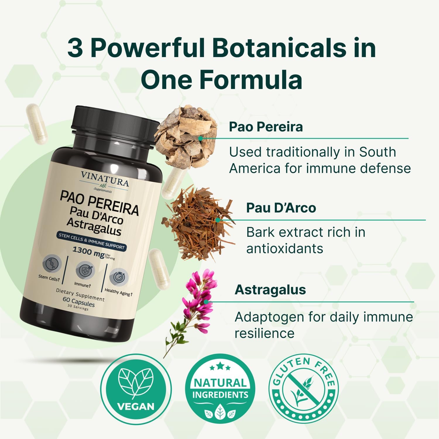 VINATURA Pao Pereira + PAU D'Arco, Astragalus - 1300MG Serving, USA Made & Tested, Stem Cells and Immune Support, 60 Capsules - Image 4