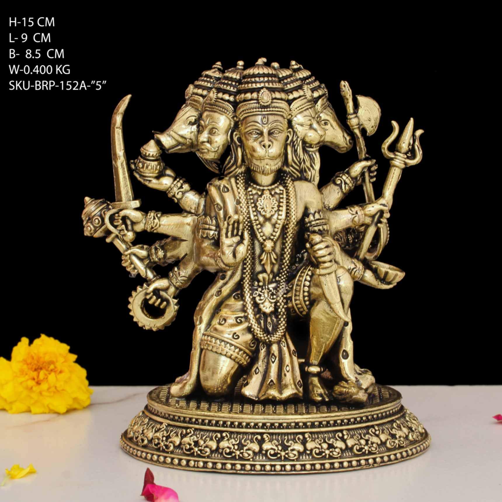 INDICAST Idolo Panchmukhi Hanuman in ottone, statua di Bajrangbali Sankat Mochan Hanuman Murti da 12,7 cm, perfetta per la porta principale Puja e scultura a scopo regalo (peso: 420 gm)