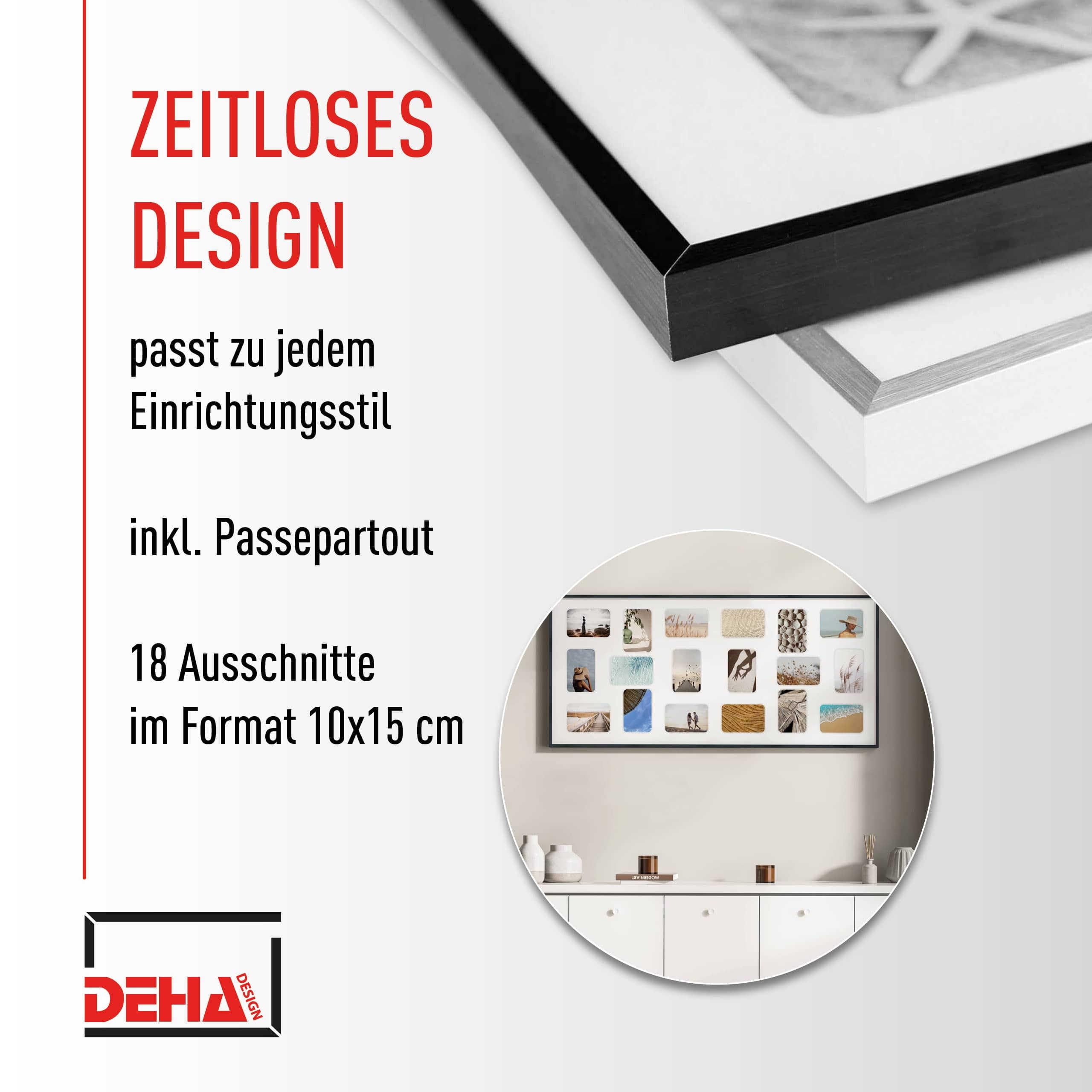 DEHA Design Collagerahmen mit Passepartout, 109,2 x 49,5 cm, Aluminium, Schwarz matt, Collage mit 18 Bildern zum Aufhängen im Hoch- & Querformat, bruchsicheres Kunstglas, Tribeca