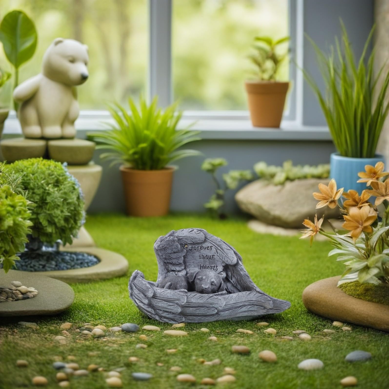 Tofficu Statua Commemorativa Cane Resistente alle Intemperie con Decorazione Alata in Resina Facile da Installare e Mantenere per Giardino Esterno Decorazione Commemorativa per Animali