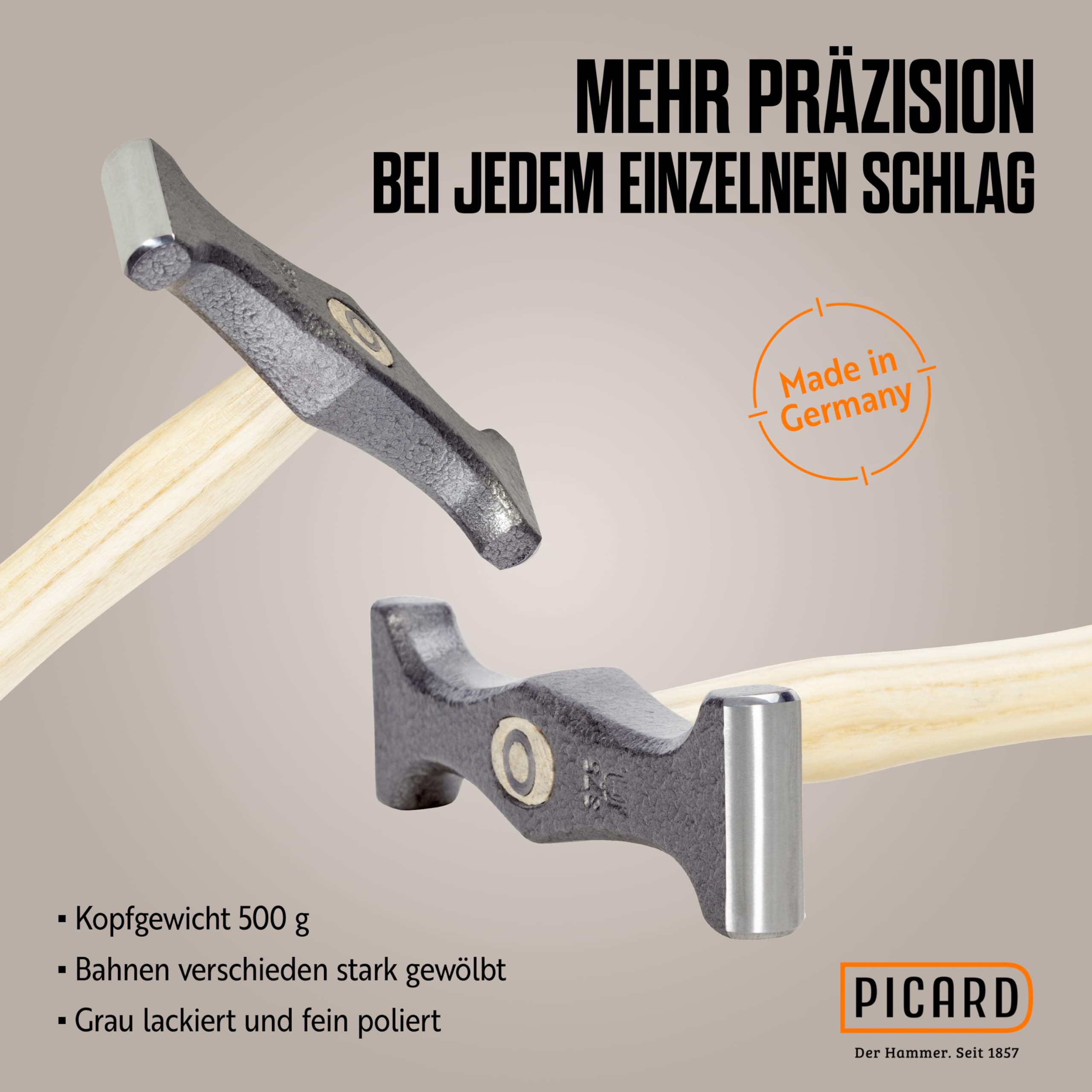 PICARD Schweifhammer Nr. 175 ES 500g | Profi-Qualität für Dachdecker-Dachklempner | Robust & Präzise | Ergonomischer Eschenstiel | Hammerschlag-Grau | Spezialstahl | Made in Germany seit 1857