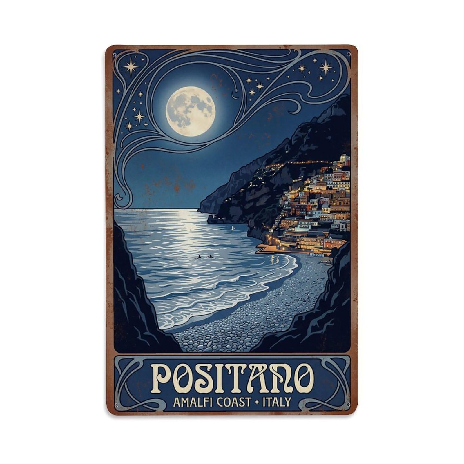 Huiyhb 8X12inch(20X30cm) Vintage Travel Positano Italy Moonlight Cove Swim Metal Tin Sign