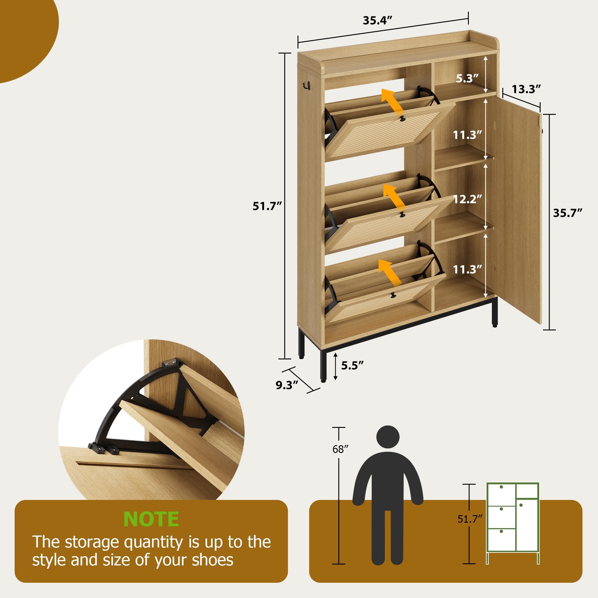 Schuhschrank Eiche 3 Klappen, Rattan Schuhkommode z Schubladen