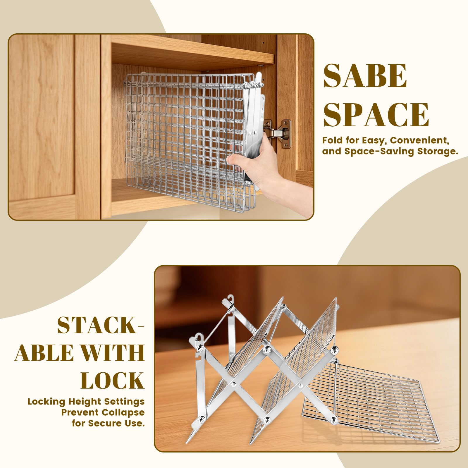 Bestdin Grille de refroidissement pliable à 3 niveaux – Grille de cuisson réglable en acier inoxydable avec design en forme de X et surface en maille anti-fuite, poli miroir et passe au lave-vaisselle