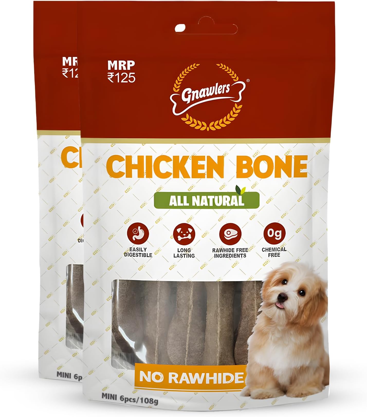 GNAWLERS Dog Chicken Chew Bone, 100% Rawhide Free, Made up of Vegetable Protein, Natural Collagen, Best Healthy Dog Chew Bone to Enagage Your Dog, 3` inch, 6 in 1, 108gm, Pack of 2, All Life Stages