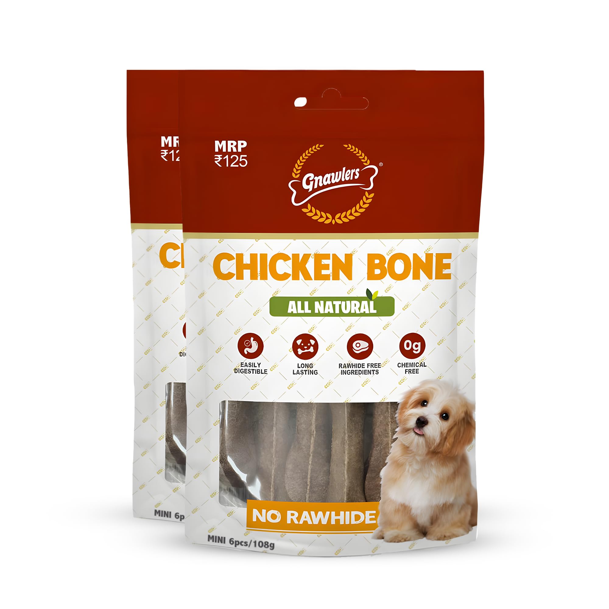 GNAWLERS Dog Chicken Chew Bone, 100% Rawhide Free, Made up of Vegetable Protein, Natural Collagen, Best Healthy Dog Chew Bone to Enagage Your Dog, 3` inch, 6 in 1, 108gm, Pack of 2, All Life Stages