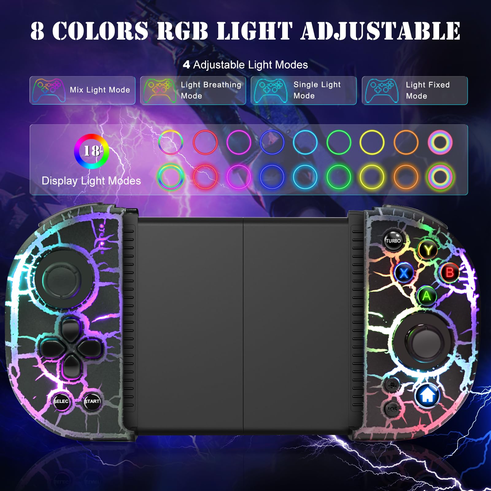 RGB Cracked Gaming Controller for iPhone Android PC iOS Wireless Gamepad Joystick for iPhone 16/15/14/13/12/X, iPad, Galaxy S23/S22/S21, TCL, LG, Tablet, Turbo, 18 Color LED, Call of duty, Direct Play 2
