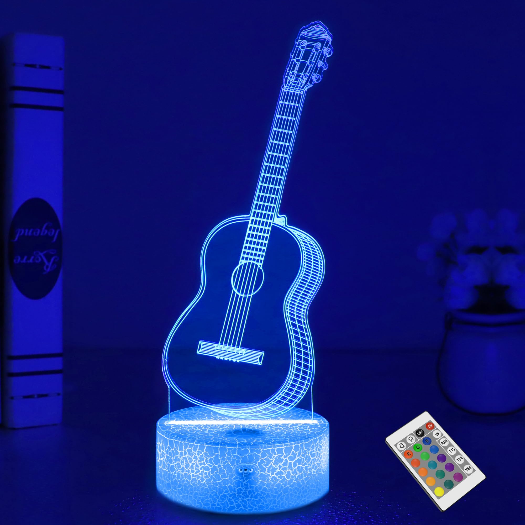 FULLOSUN Guitar Night Light With Remote Control - 3D Illumination Light for Kids Room, 16 Colors Changeable Creative Decoration, Boys Gift