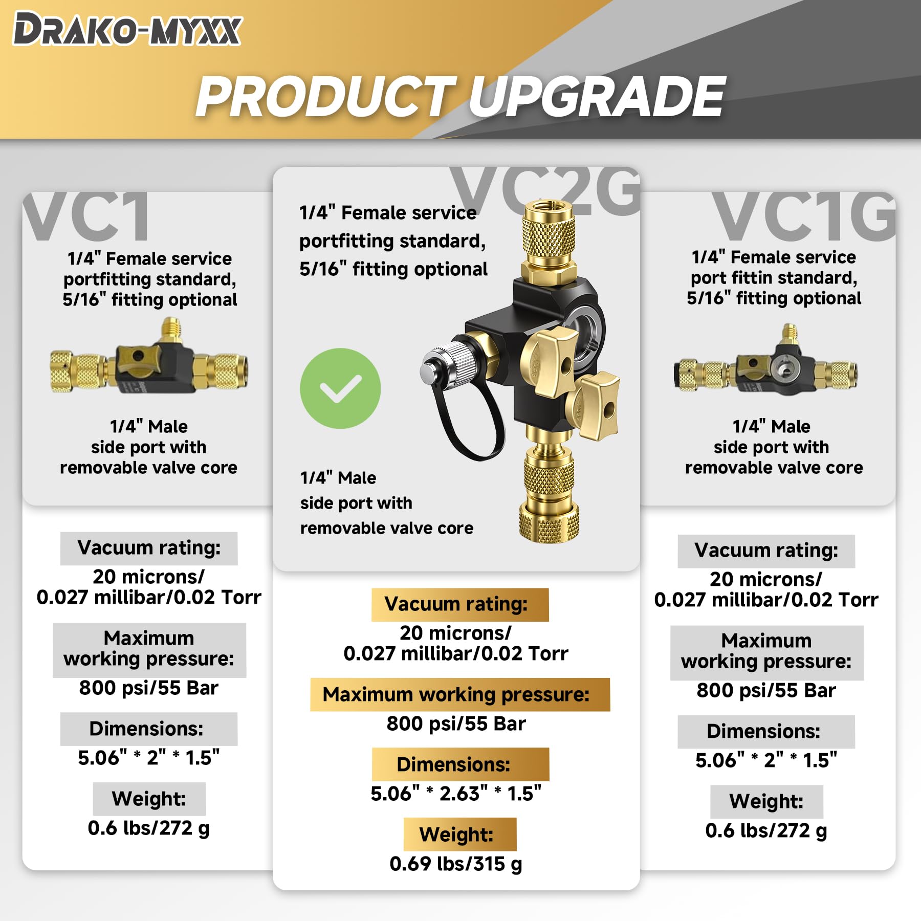 Herramienta de extracción de núcleo de válvula de 0.25 pulgadas VC2G, válvula doble con vidrio de visión