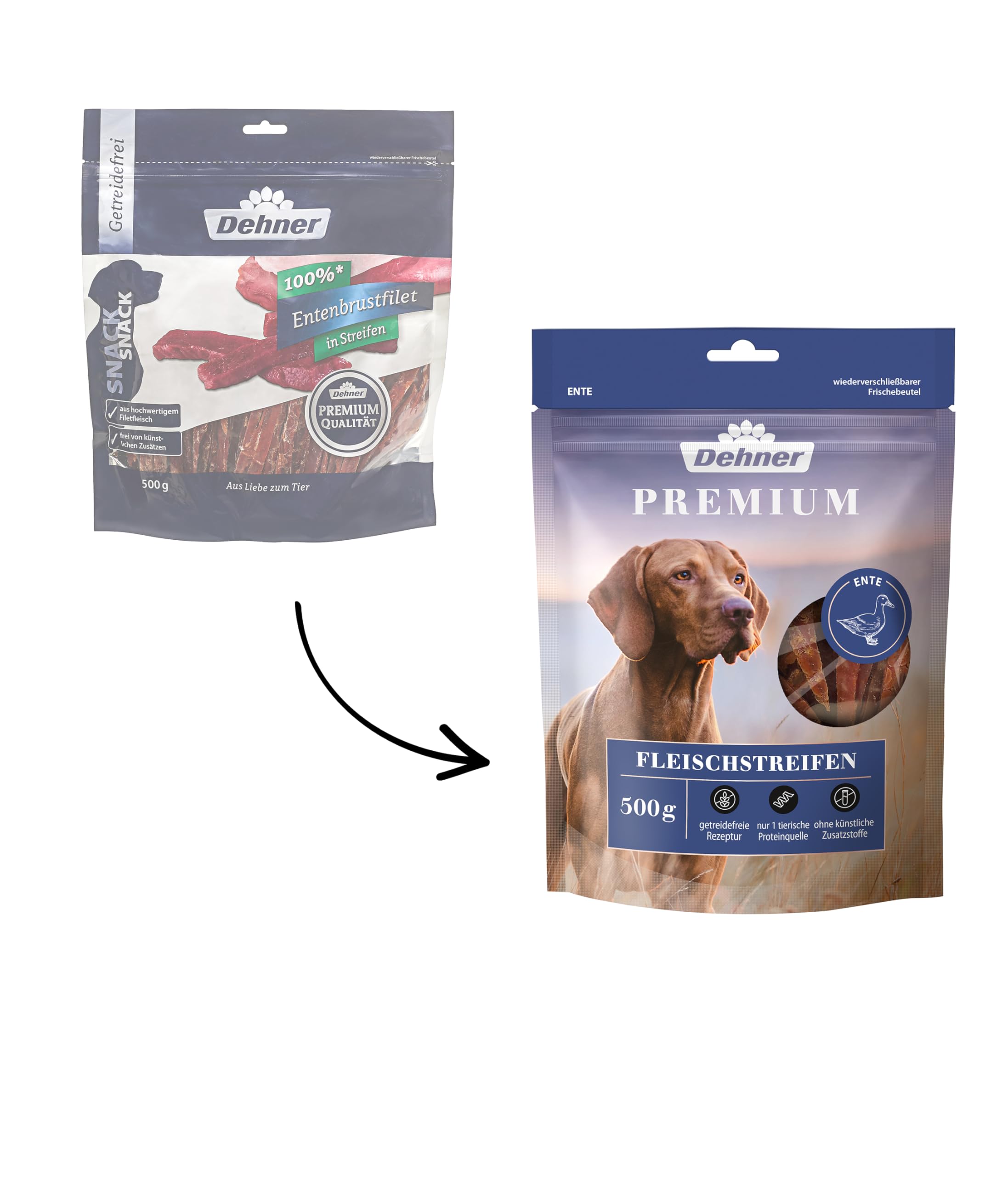 Dehner Bocadillo Premium para Perros sin Cereales/bajo en Grasa, Aperitivo masticable para Perros Adultos, Filete de pechuga de Pato en Tiras, 500 g
