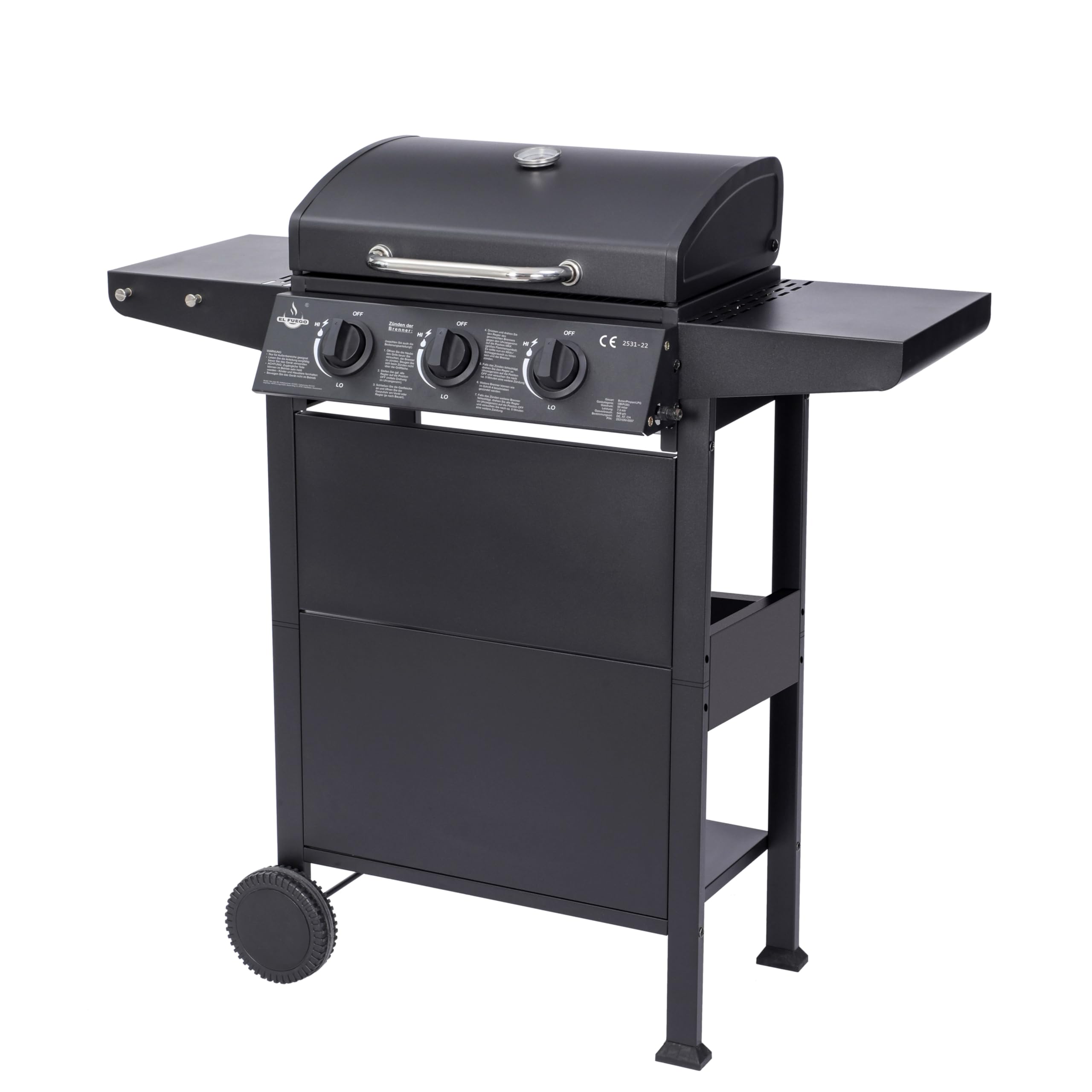 Grill gazowy "San Jose 3 palniki" firmy El Fuego®, w zestawie wąż gazowy i reduktor ciśnienia, ruszt do grillowania z żeliwa, z termometrem i dużymi półkami bocznymi, grill BBQ | AY0205