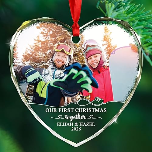 Personalized Our First Christmas Together 2026 Glass Ornament, Photo Newlyweds Couple 1st Xmas Together Ornament, Custom Date Names Mr & Mrs Keepsake Ornaments Gift for Dating Wedding Anniversary