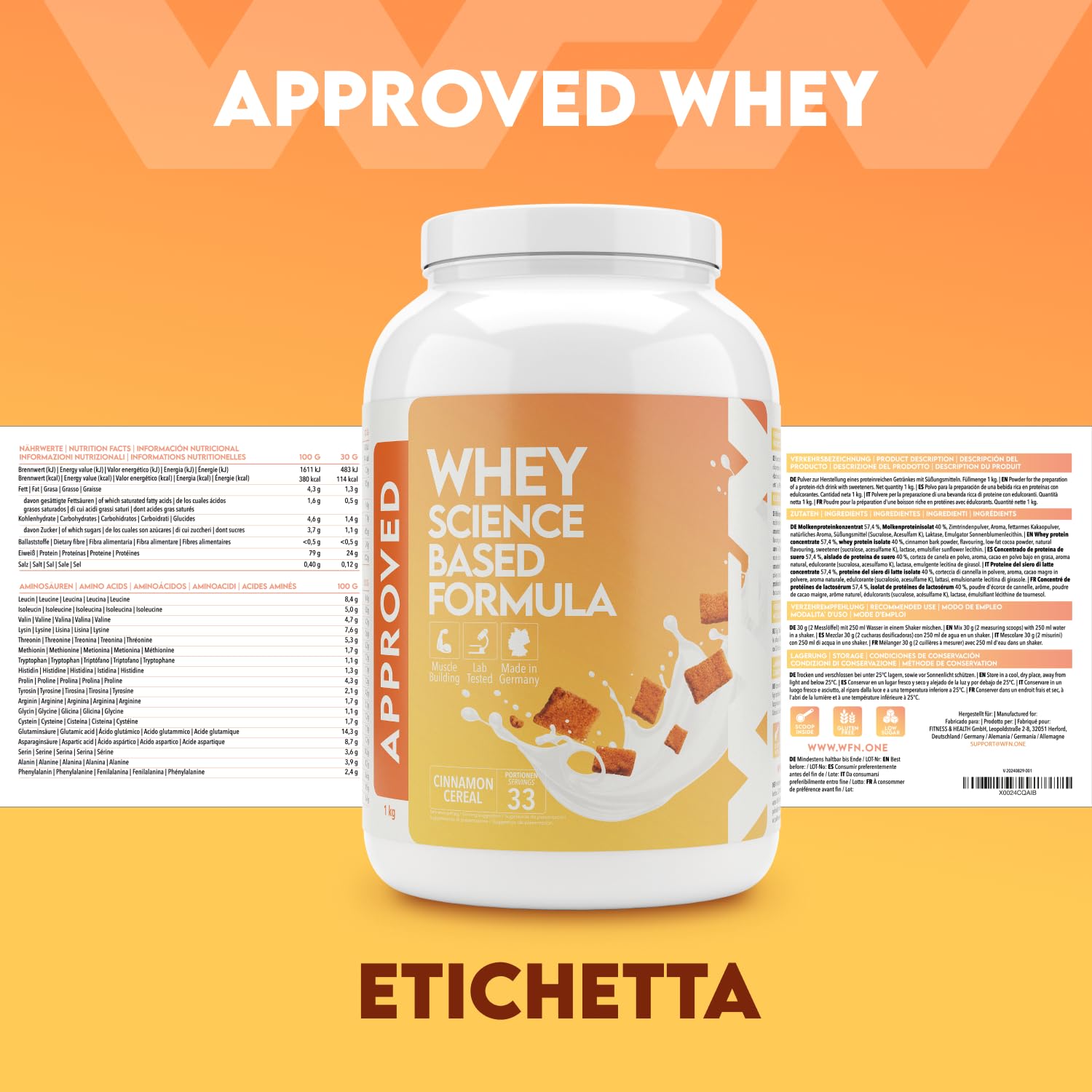 WFN Approved Whey Proteine in Polvere – Cinnamon Cereal – 1 kg – Con Lattasi – Proteine del Siero ad Alta Solubilità – Prodotto e Testato in Laboratorio in Germania